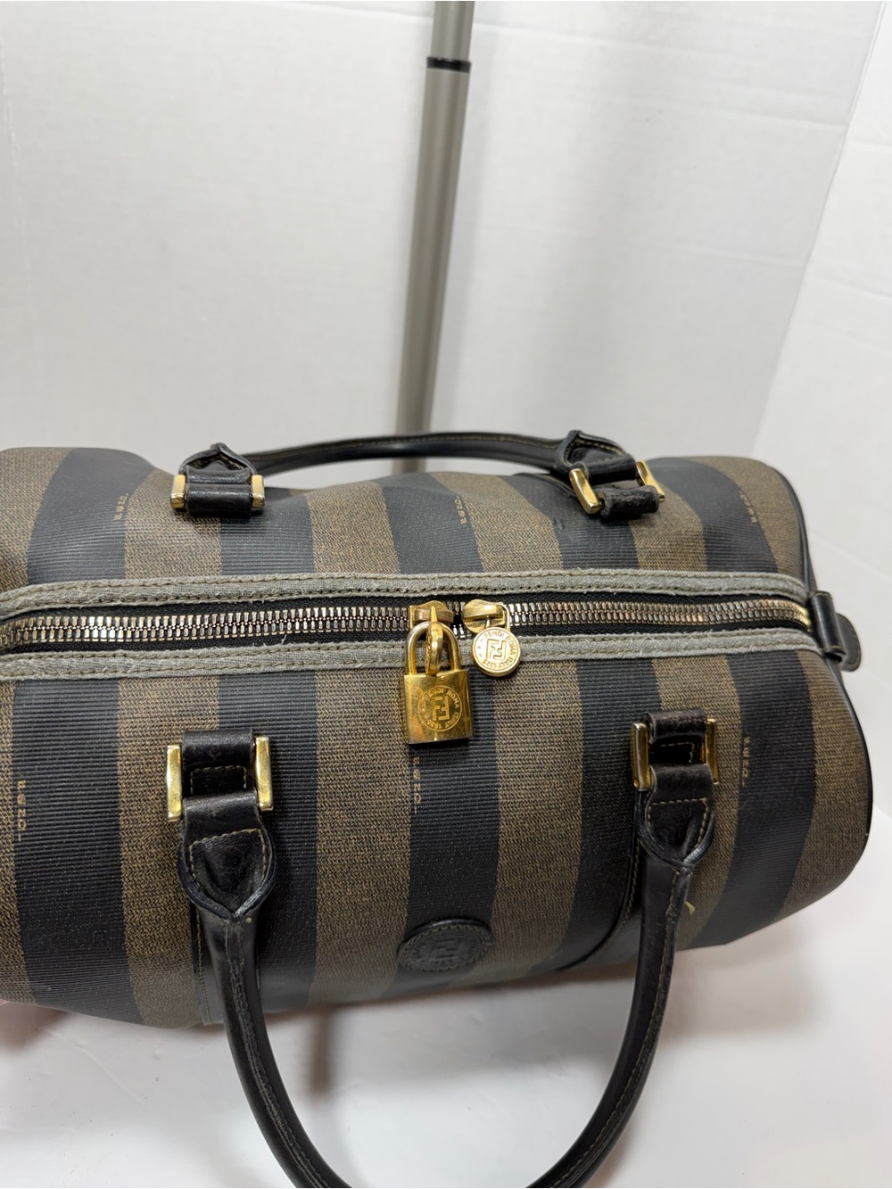 Vintage FENDI Black & Gray Pecan Stripe Speedy/Duffle Style Handbag,Classic 90s - Picture 8 of 13